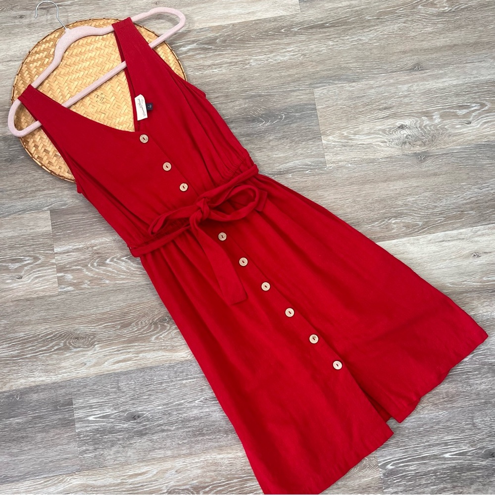Red linen midi dress sleeveless button front waist tie